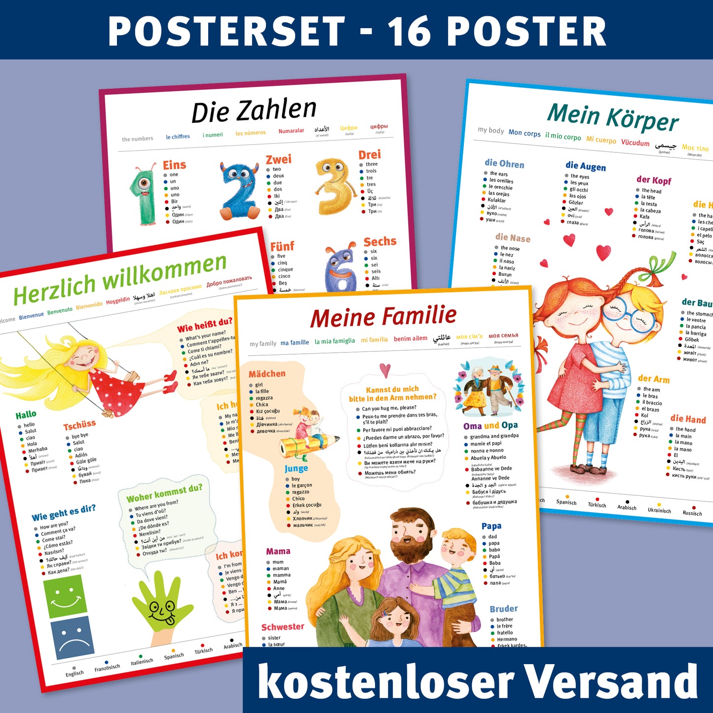 16 Sprachposter: je 4 x A2 Poster - Zahlen | Willkommen | Körper | Familie